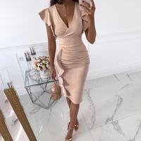 sexy v neck slim office lady dress ruffle short sleeve bodycon knee length dresses for women 2021 casual summer woman work dress