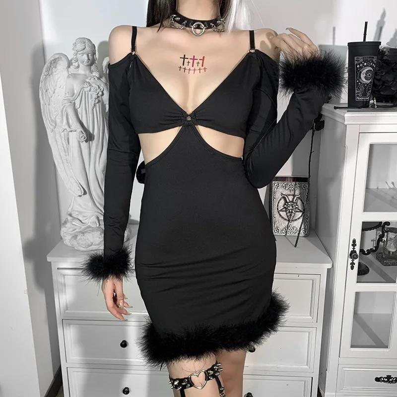 

Bodycon High Waist Hollow Out Mini Dresses Gothic Black Sexy Faux Fur Dress Harajuku Y2K E Girl Long Sleeve Fall Dress