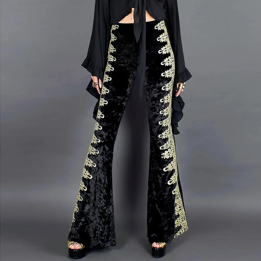 New Fall/winter New European and American Trousers Women's Velvet High Waist Unique Embroidery Slim Flared Trousers