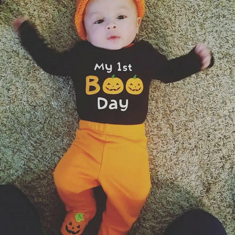

Baby Girls Clothes Halloween Pumpkin Print Romper Tops Pants outfits costume