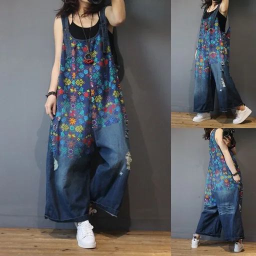 

Women Denim Overalls Print Floral Vintage 2019 Plus Size Casual High Quality Ripped Hole Wide Leg Jumpsuit Ladies Jeans Romper