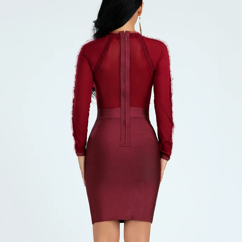 INDRESSME, женское Бандажное платье, сексуальное, кружевное, с круглым вырезом, длинный рукав, элегантное, с вырезом, облегающее, зимнее, женское, вечернее платье, vestidos