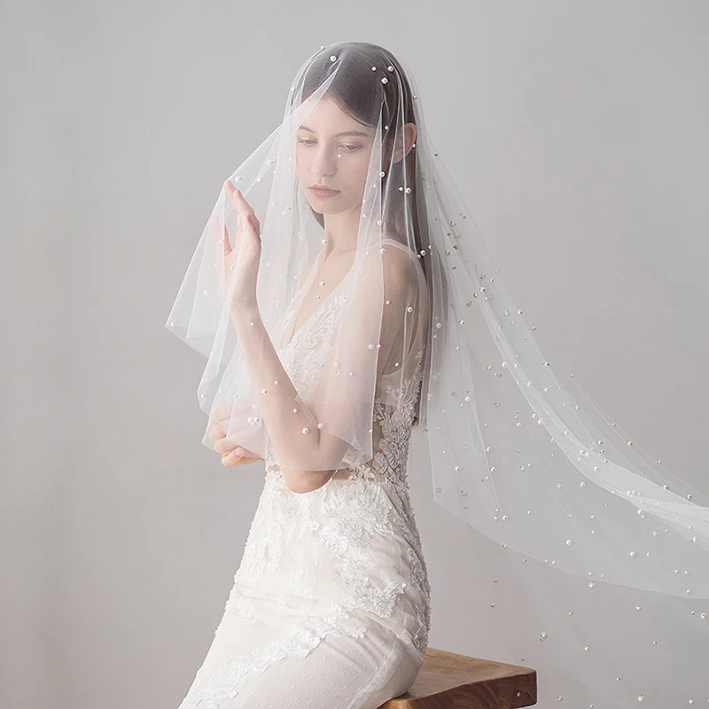 Tanpell One-Layer pearls Cut Edge Wedding Veil Ivory Tulle Simple | Свадьбы и торжества