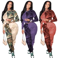 haoohu two piece set women casual camouflage patchwork sweatsuit loose crop top cargo pants sets 2021 new style urban casual xl
