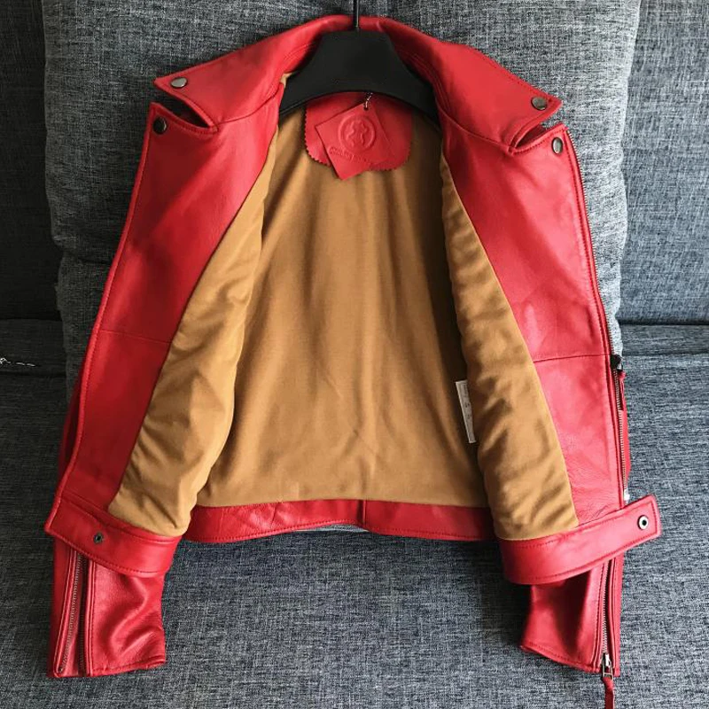 Women Automotive Genuine Leather Jacket and Coats Red and Black High Street Real Sheep Leather Jackets Ladys Fashion Streetwear