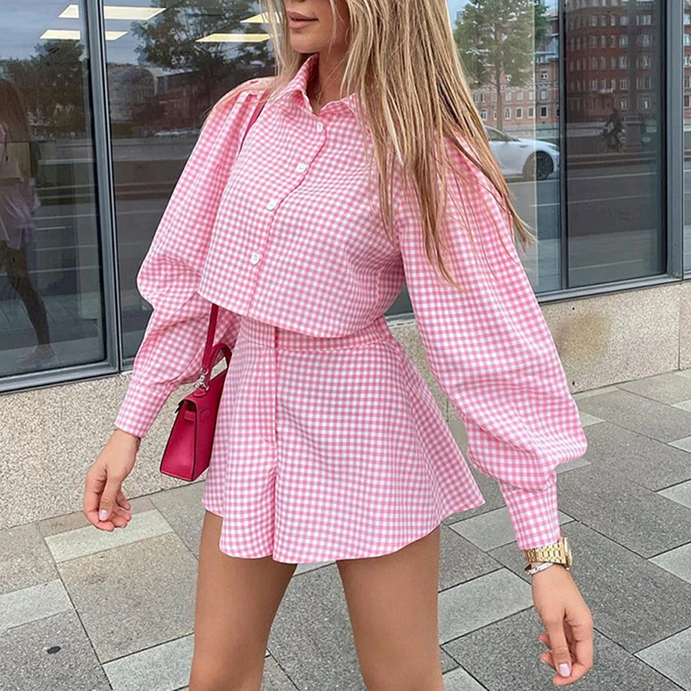 

Y2k Shorts Set Plaid Home Clothes Waist Streetwear Puff Sleeve Three-Quarter Shirt Wide-Leg Shorts Two-Piece Women's Autumn