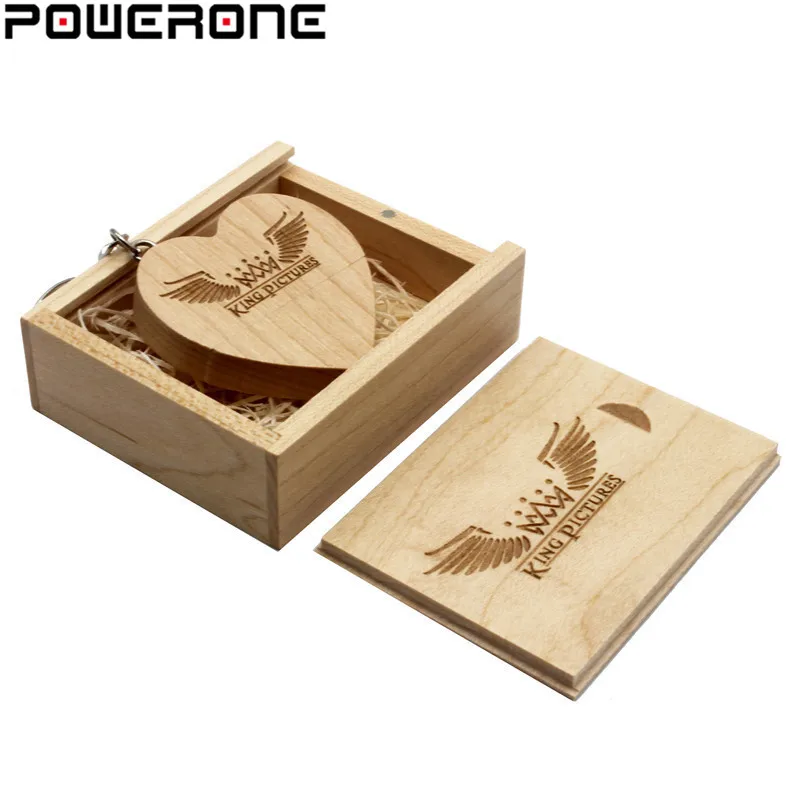 Usb флеш накопитель POWERONE деревянный в форме сердца с коробкой 64/32/16/8/4 ГБ|usb with box|heart