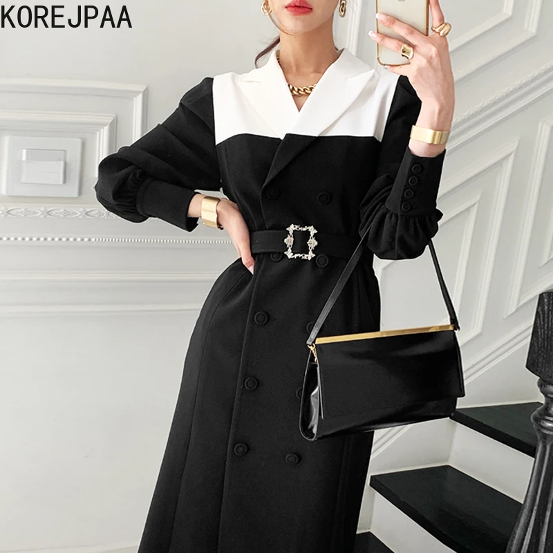 

Korejpaa Women Dress 2021 Early Autumn French Temperament Suit Collar Black White Color Matching Double-Breasted Design Vestidos