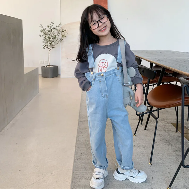

2021 Spring Autumn Girls Casual Suspender Jeans Pant Baby Kids Children Overall Denim Trousers