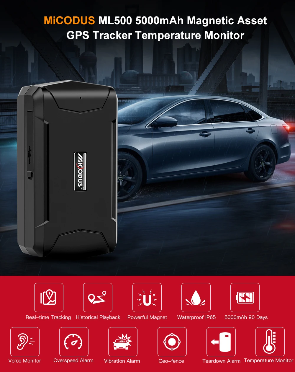 Автомобильный GPS-трекер MiCODUS ML500 5000 мА ч 90 дней в режиме ожидания магнитный