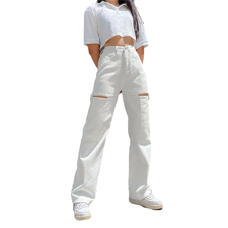 

Женские брюки с высокой талией, модные однотонные брюки с вырезами и карманами для женщин, уличная одежда черного/белого цвета, 2021