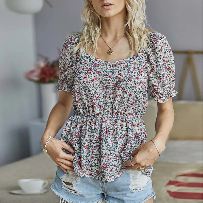 

Women Summer V Neck Floral Printed Short Sleeve T-shirt Lady Retro Casual Elegant Temperament Streetwear Holiday Female Blouse