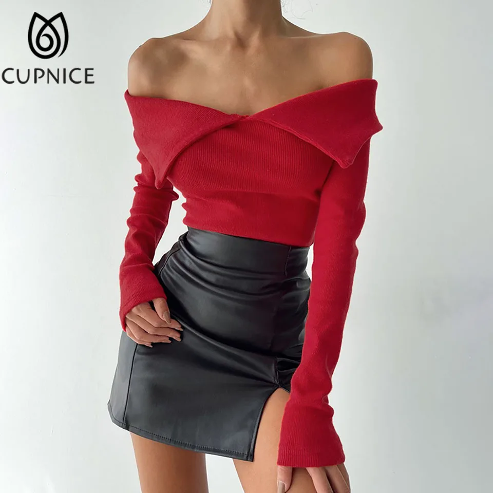 

CUPNICE Spring/autumn Long Sleeve Sexy Off Shoulder Tops Women Fashion Slim Fit Shash Neck Blouses Casual Short Pullovers