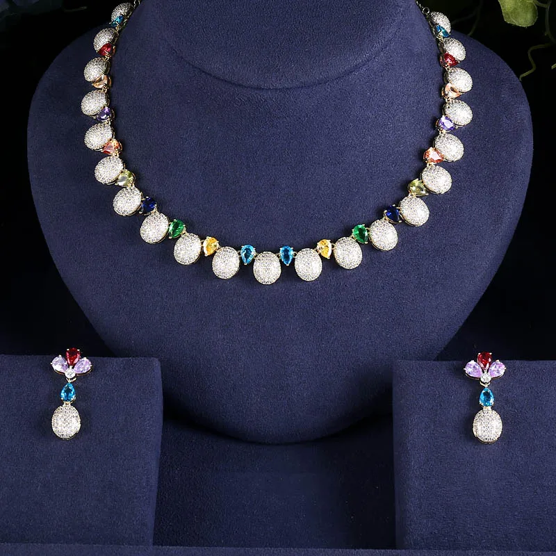Janekelly Роскошные фианит колье серьги с камнем 2 шт. Дубай полный набор украшений