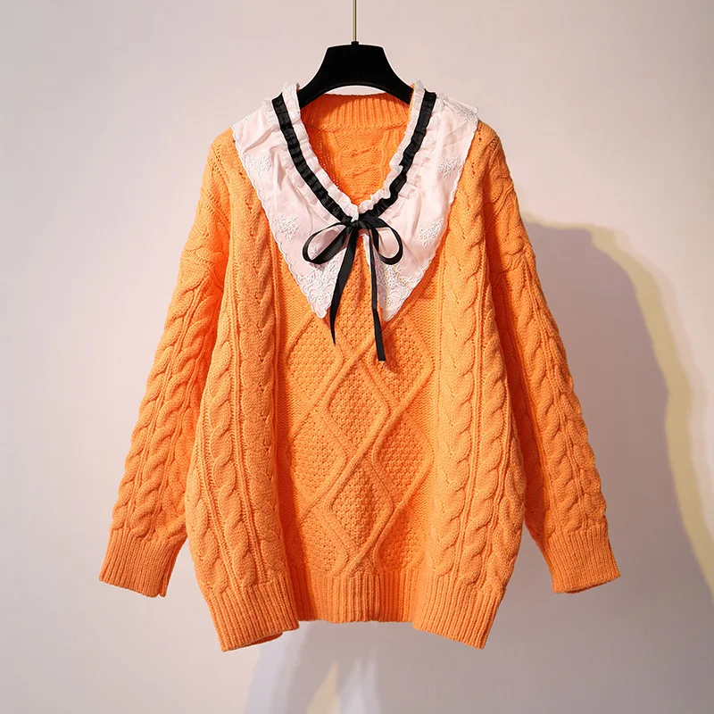 

Causal Twisted Women Pullover Sweater 2020 Autumn Lace Bow Tie V-neck Knitted Tops Korean Long Sleeve Pull Femme Lace