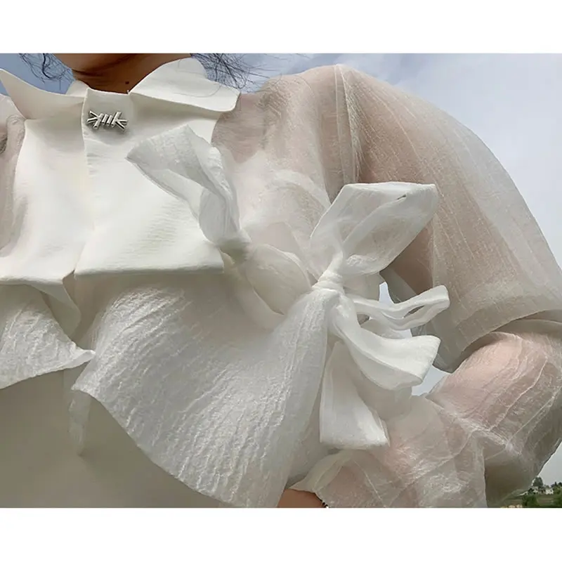 

XITAO New Solid White Shirt Mesh Bow Splicing Bandage Summer Lightweight Perspective Women 2021 Trendy All-match Top WMD0283