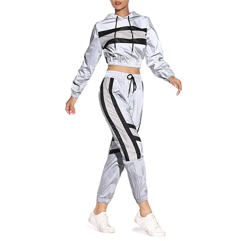 

2 Pcs Women Reflective Outfits Adults Long Sleeve Color Block Hooded Crop Top Pants with Drawstring Clothes Sets