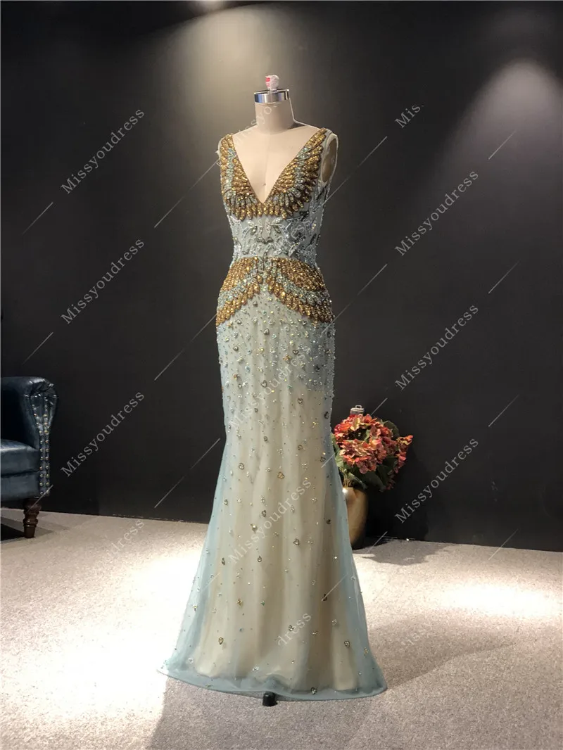 2021 Newest High Quality Luxurious Green with Heavy Silver Beadings V-neck Mermaid Floor Length Evening Dresses