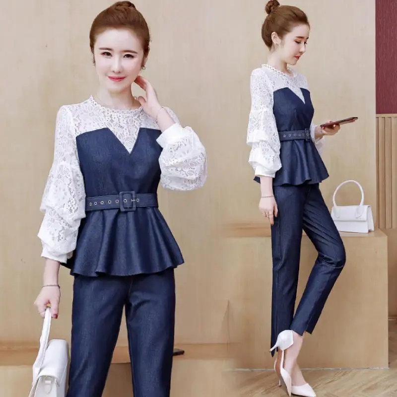 Комплект из 2 предметов женские кружевные костюмы искусственной джинсовой ткани