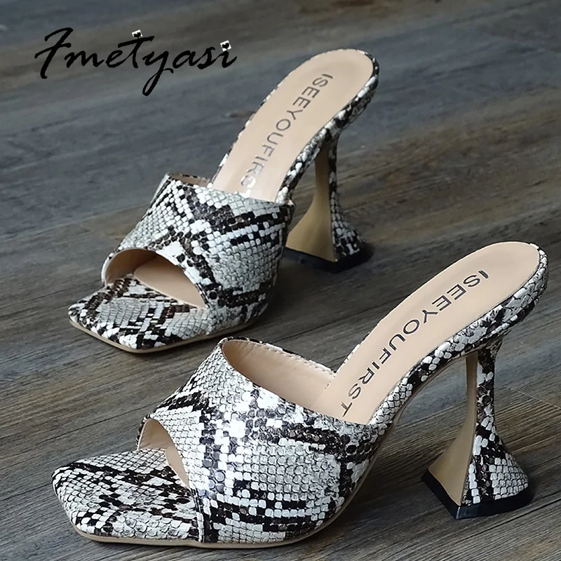 

High-heeled Sandals Women Snake Print Flock Multi Super High Pumps 2021 Summer New Square Toe Modern Sandals Big Size 35-43