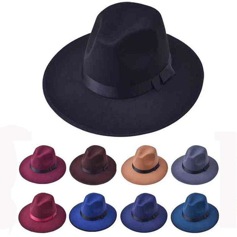 

Winter Spring Woolen Women Hat Classic Solid Color Felt Fedoras Hats Female Lady Wide Brim Flat Top Jazz Cap