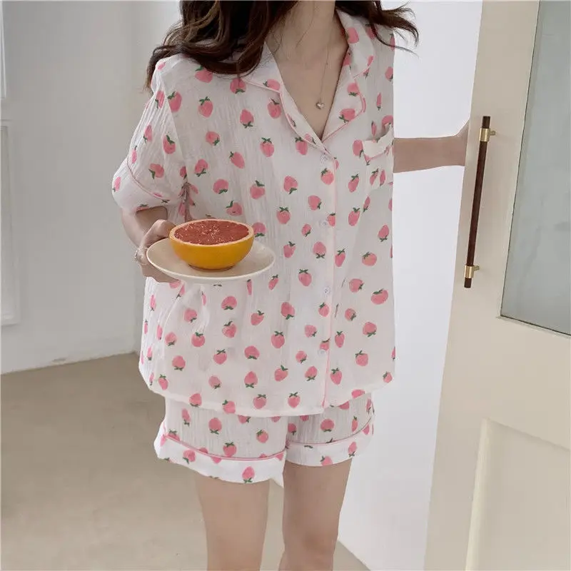 

QWEEK Cotton Pajamas Women Strawberry Sleepwear Summer 2021 Loungewear Korean Pyjamas Pink Pijamas 2 Piece Set Cute Home Clothes