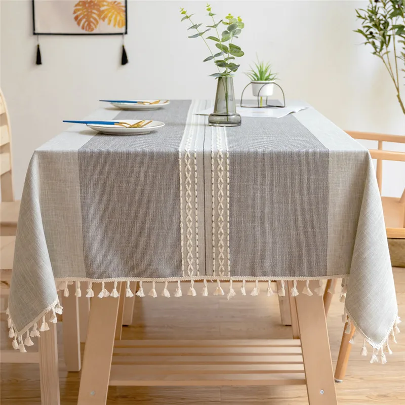 

Fashion Stripe Designs Solid Decorative Linen Tablecloth With Tassels Rectangular Wedding Dining Table Cover Tea Table Cloth
