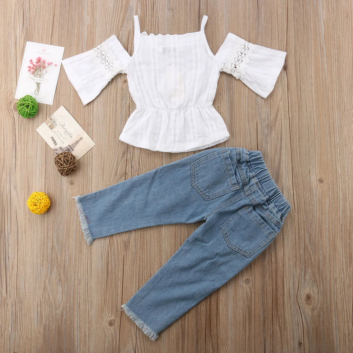2019 HOT fashion outdoor toddler kid girl suit off-the-shoulder embroidery top+ floral denim pants 2Pcs | Мать и ребенок