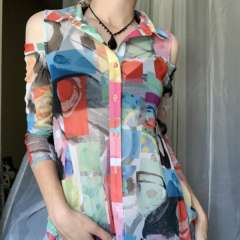 

Женская модная Лоскутная рубашка с принтом, женские сексуальные топы с открытыми плечами и рукавом три четверти