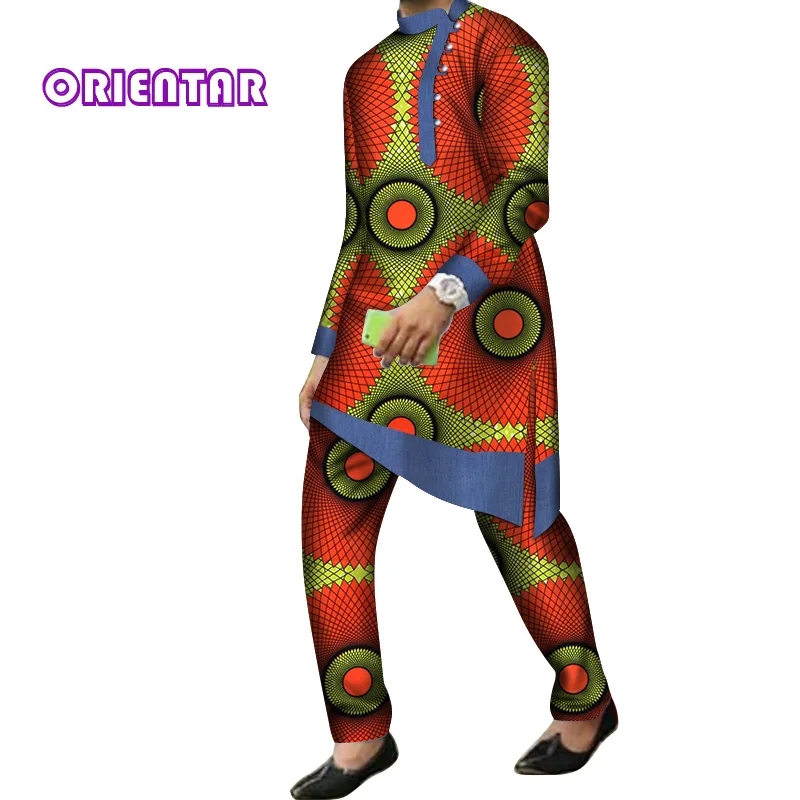 5 2 Pieces Set Men African Clothes Long Sleeve Shirt and Pants Traditional African Bazin Riche Print Dashiki Suit Trousers WYN844 - Цвет: 5