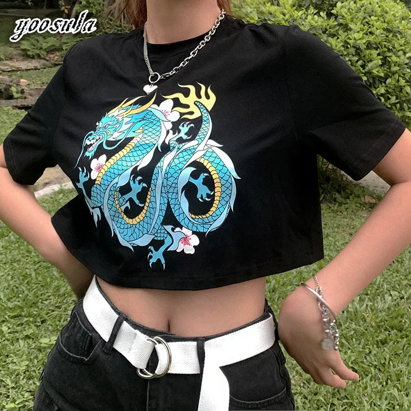 Женский хлопковый топ с принтом дракона коротким рукавом | Женская одежда