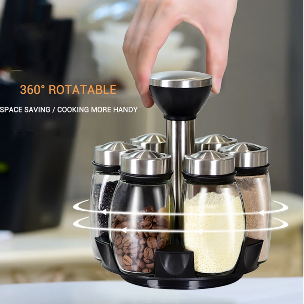 

6pcs Rotating Spice Jar With Rack Spice Organizer Spice Organizer Container Glass Bottle Spices Storage Box Kitchen Accessories
