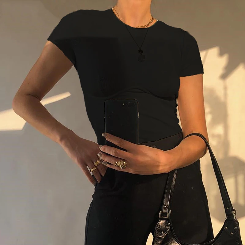 

Woman Tshirt High Street Cotton Tshirts Summer vintage streetwear clothes tee Basic White Crop Top T Shirt Elegant Short Sleeve