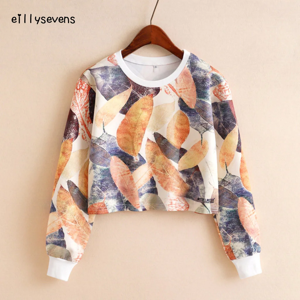 

Tops Women Print Long Sleeve Round Neck Short Pullover Top Autumn Sweatshirt Ladies Fashion Sudaderas Топы Для Девочек#LJC