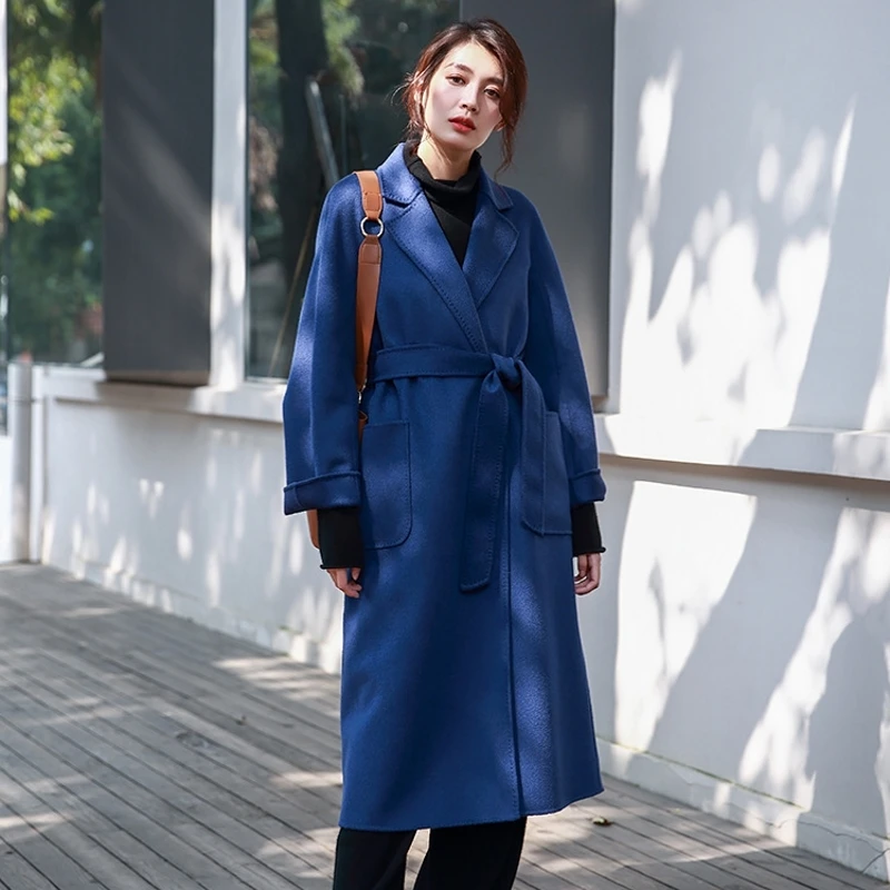 new 2020 arrival classic robe style belted long handmade double faced wool cashmere coat women | Женская одежда