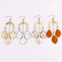 copper metal arched vertical bar leather leaf drop earrings for women three leaf chandelier leather earrings jewelry