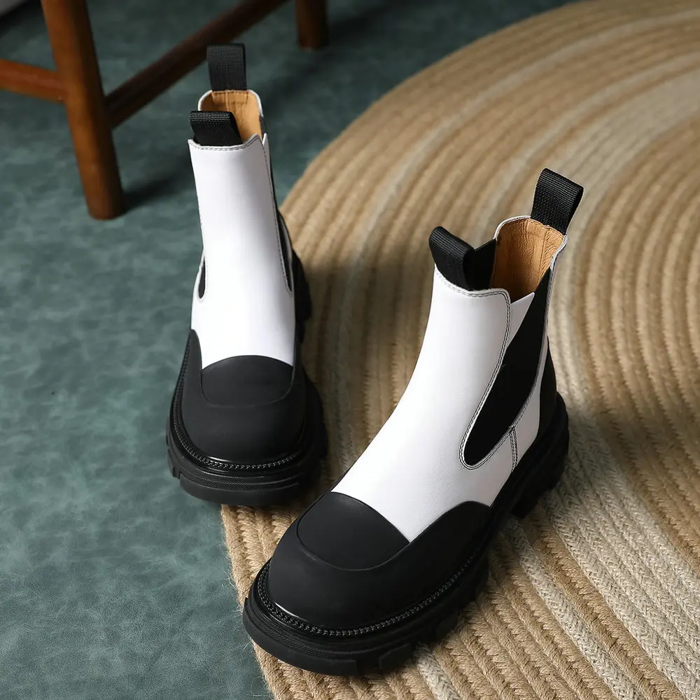 

Classic Black White Cow Leather Chelsea Ankle Boots for Women Platform Thick Autumn Winter Booties 2021 New Fashion Shoes