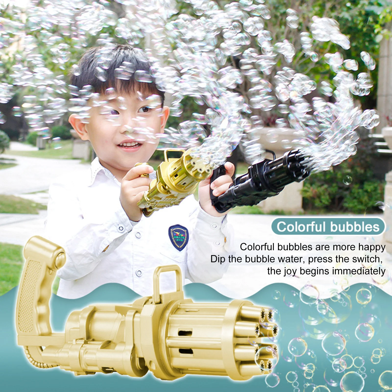 

NEW Electric Gatling Bubble Machine Black Gold Bubble Gun Children Automatic Bubble Blowing Toy Gun Fan Combo Function 2021