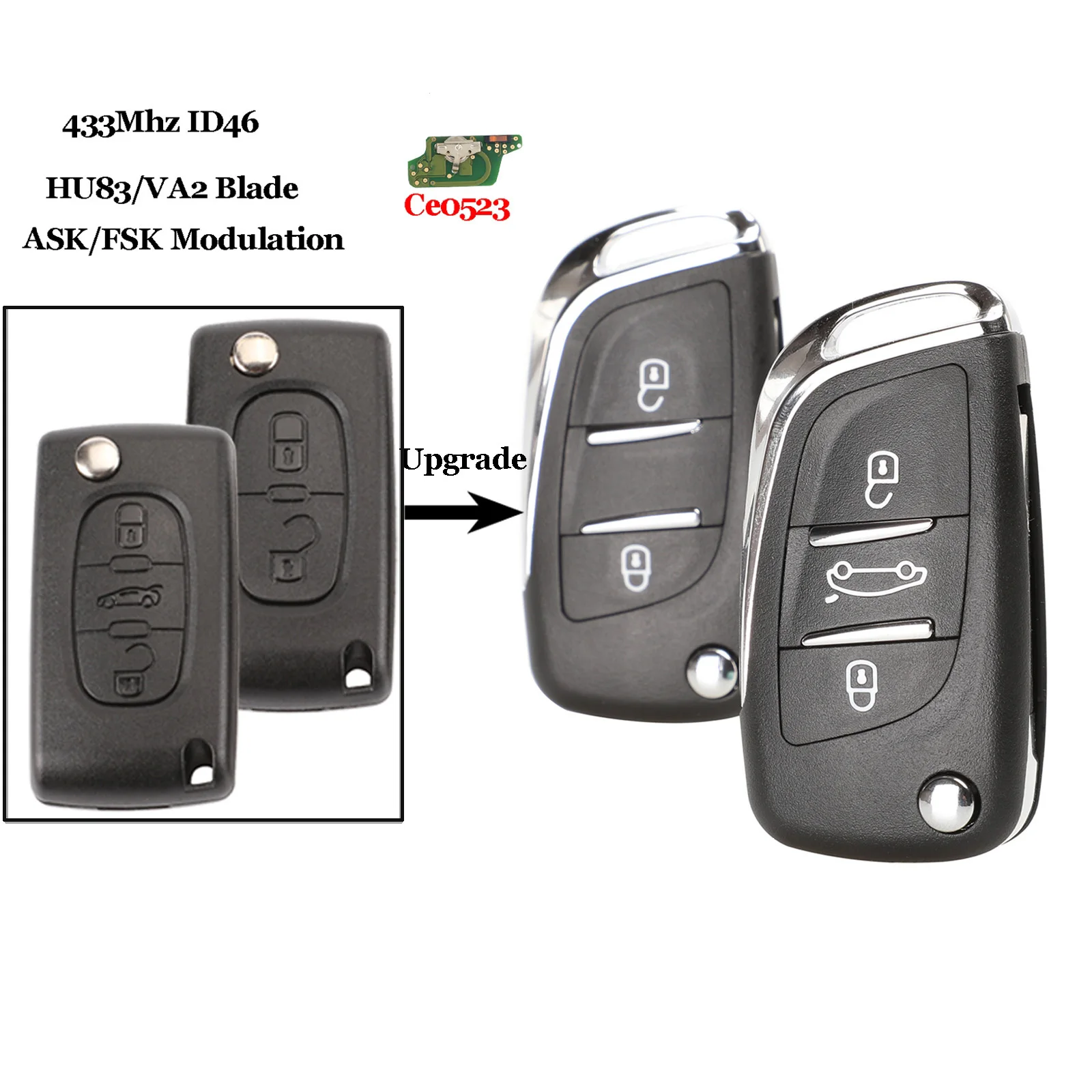 jingyuqin Ce0523 ASK/FSK 2/3 Button Remote Car key For Citroen C2 C3 C4 C5 433Mhz ID46 Modified Flip Folding Car Key Control