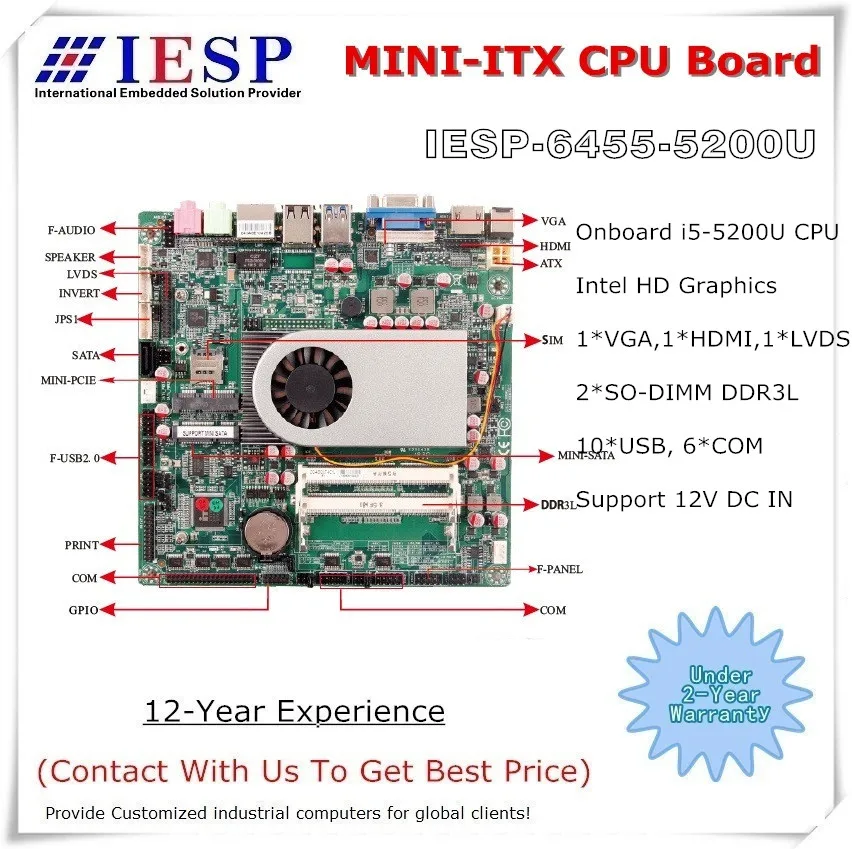 MINI ITX industrial SBC Core i5-5257U процессор 6 * RS232 1 GLAN 10 USB Промышленная материнская плата -
