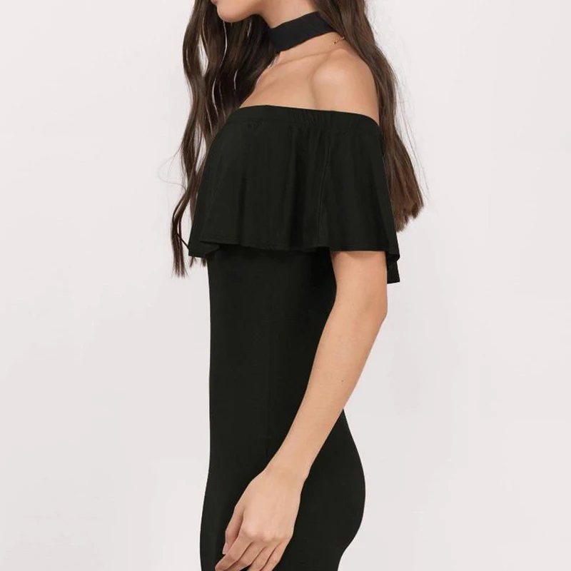 

Women Summer Dresses One Word Collar Hip Ruffle Short Dress Solid Color Halter Fashion Party Dress