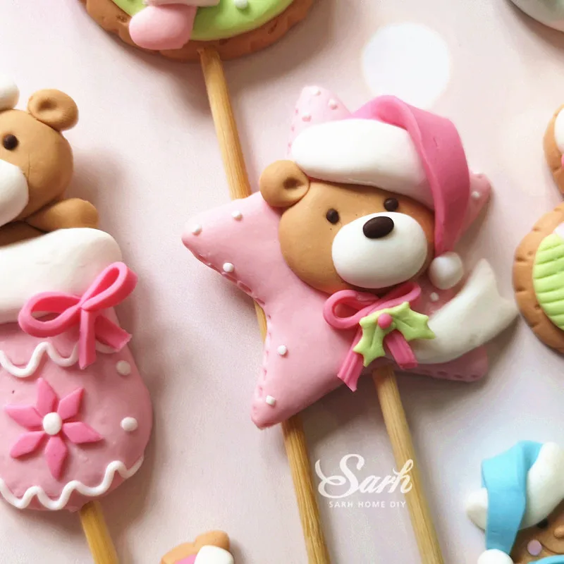 Розовая перчатка медведь Санта Клаус рождественские топперы для торта снеговик