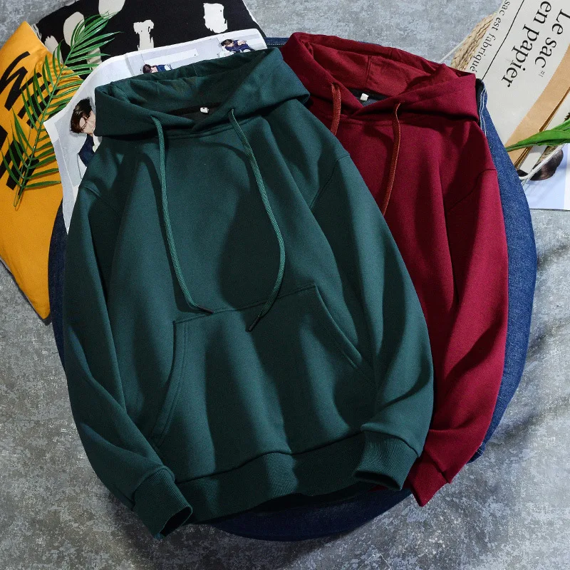 

Pure color fleece hooded men's autumn and winter leisure all-match plus size loose lovers sweatshirt