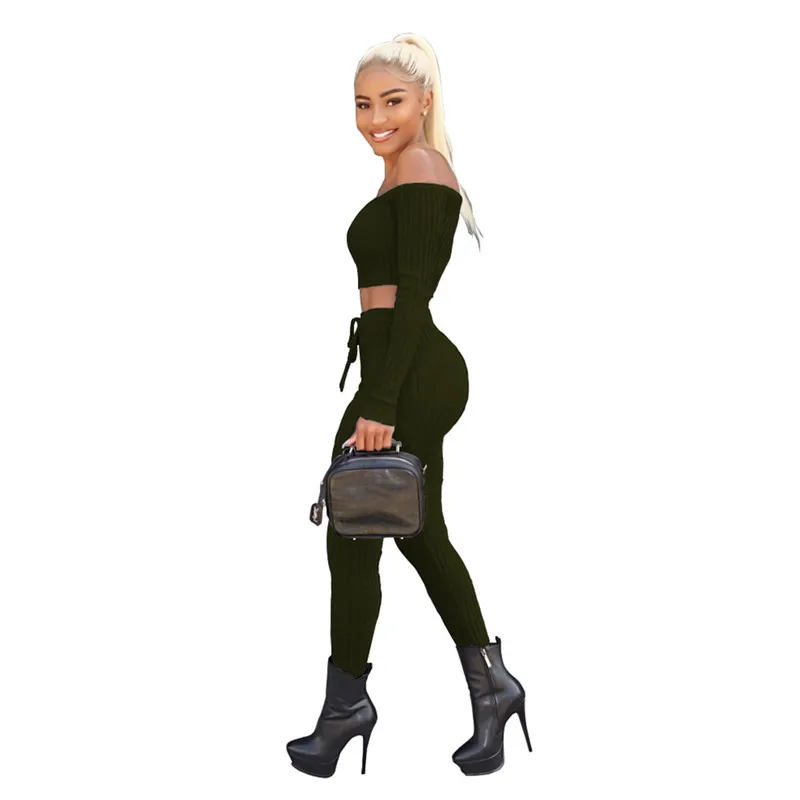 

Women Sexy 2 Piece Set Slash Neck Suit Spiral Pattern Women'S Long-Sleeved Short Tops And Trousers High Elasticity Set Femme