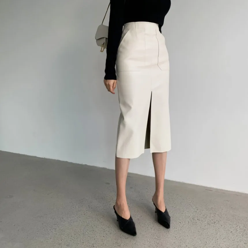 

Spring 2020 new ladies PU leather skirt high waist pocket bag hip skirt female front slit zipper midi pencil skirt
