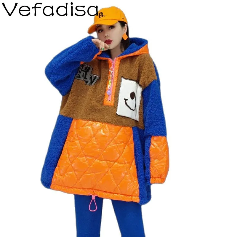 

Vefadisa 2021 Winter New Fashion Stitching Thick Hooded Cotton Jacket Women Large Size Cashmere Warm Women's Sweatshirt TT710