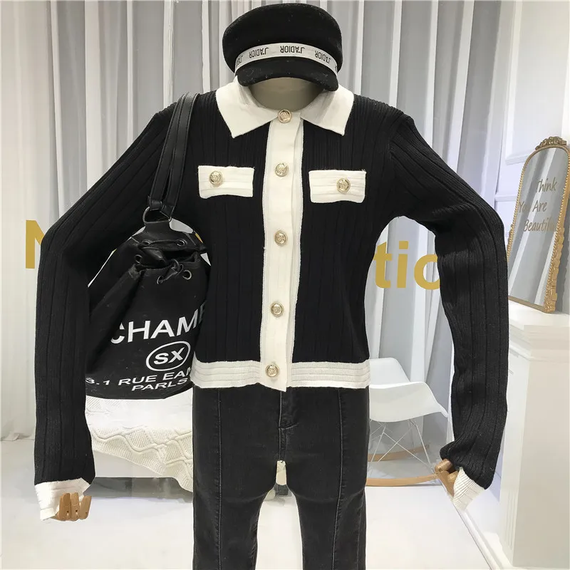 ALPHALMODA Autumn New Black and White Contrast Elegant Cardigan Women's French Fashion Short Knitting Jacket Outfit |