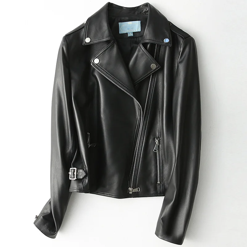 2021 Spring Black Genuine Leather Short Sheepskin Turn Down Collar Long Sleeves Zipper Slim Motorcycle Leather Jacket for Women