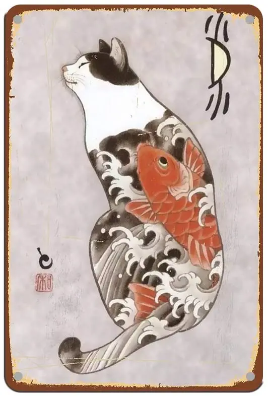 

Королевский жестяной знак кошки в японском стиле культуры 11,8 7,8 дюйма, прямоугольные металлические знаки для дома и кухни, бара, кафе