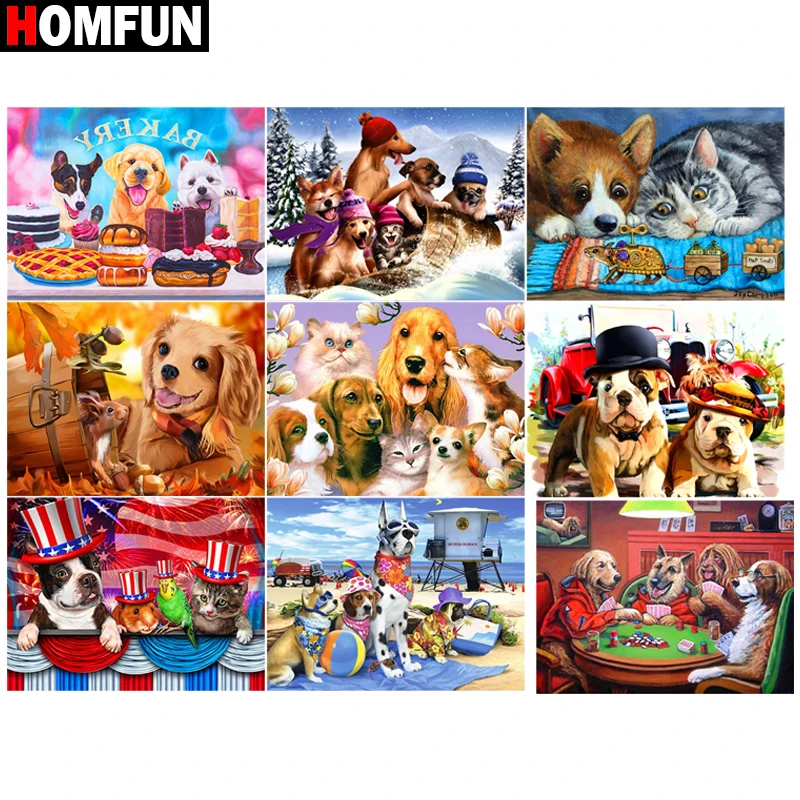 

Квадратная/круглая Алмазная 5D картина HOMFUN «сделай сам», вышивка крестиком «собака, кошка, животное», полное украшение Стразы